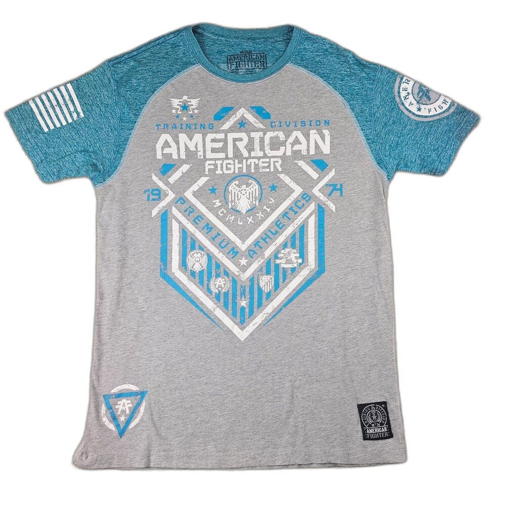 American Fighter Tee Mens M Gray Blue Graphic Athletic MMA Streetwear